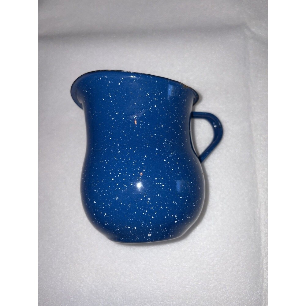Vintage Enamelware Pitcher Blue 5 Inches Tall Country Farmhouse Decor - Picture 2 of 7